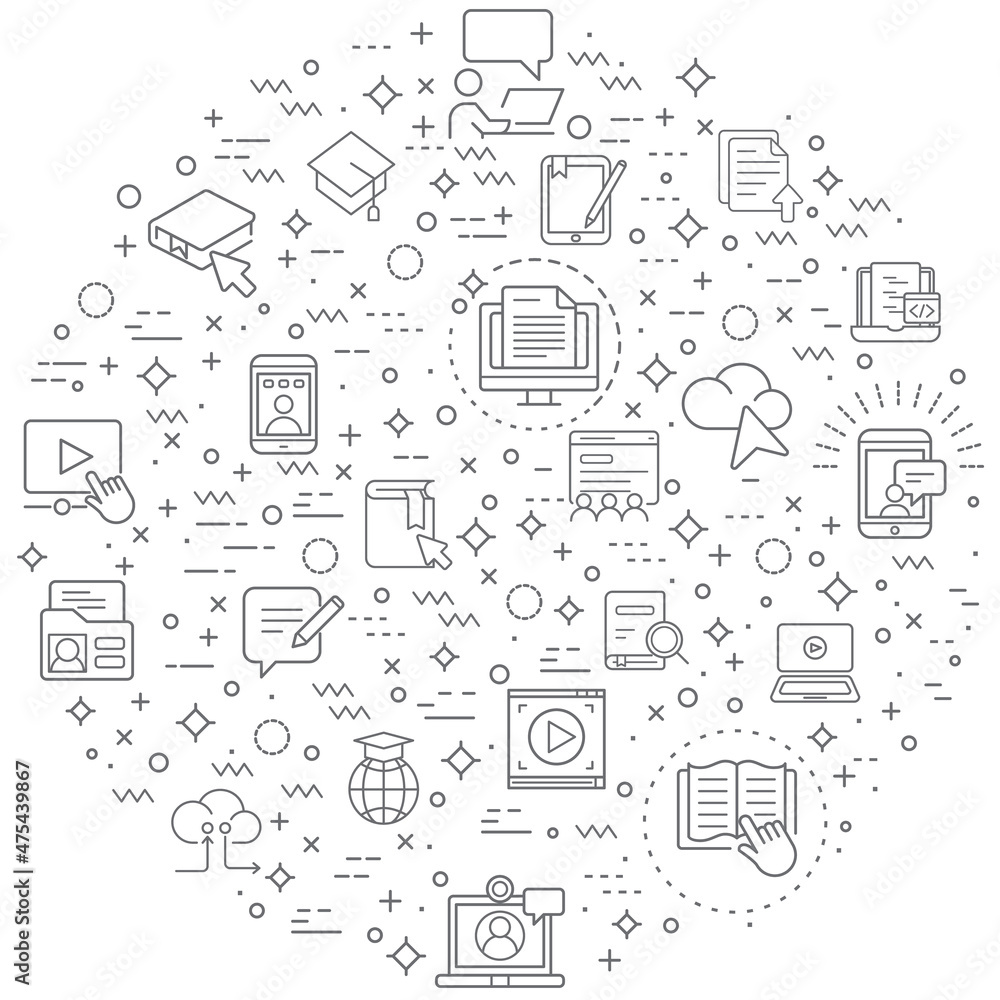 Simple Set of online education and e-learning Related Vector Line Illustration. Contains such Icons as e-book, lessons, webinar, video, teaching, training, mobile and Other Element.