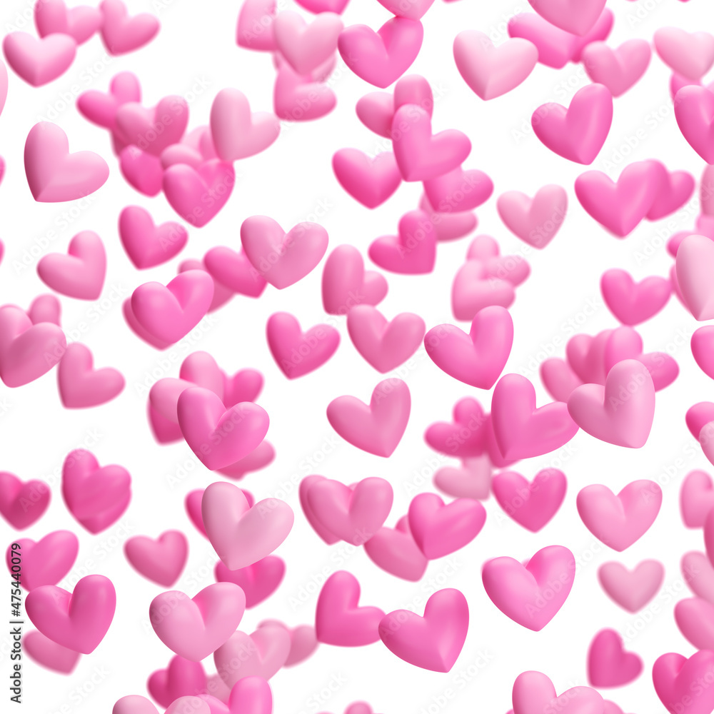 Background of flying hearts, out of focus and blurry. For Valentine's Day, Wedding, Birthday. 3d rendering.