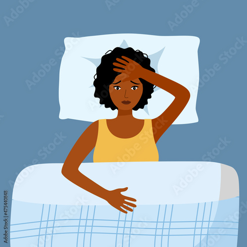 Sleepless African woman suffering from insomnia. Black female with open eyes lying on bed concept vector illustration. Lady can not sleep under blanket thinking about her problem.