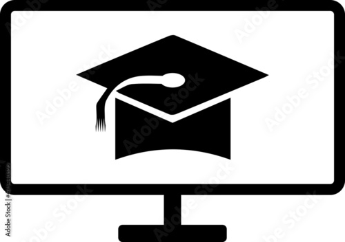 Computer with vector graduation cap - education icon, academic university hat illustration
