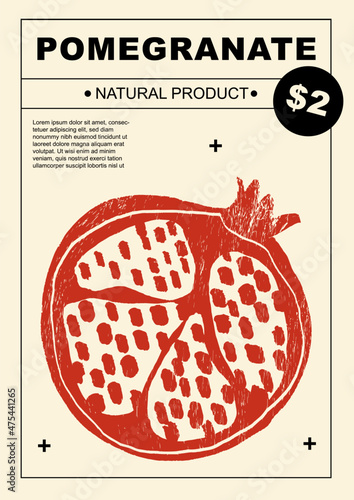 Pomegranate. Set of posters of fruits and vegetables in a abstract draw design. Label or poster, price tag. Simple, flat design. Patterns and backgrounds. Perfect for poster, cover, banner.
