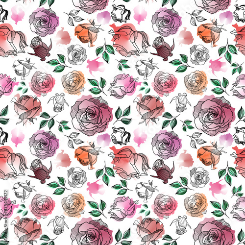 Seamless floral pattern with transparent roses and leaves on a white background in doodle technique vector illustration 