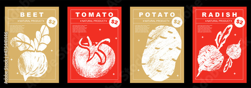 Beet, tomato, potato, radish. Set of posters of vegetables in a abstract draw design. Label or poster, price tag. Simple, flat design. Patterns and backgrounds. Perfect for poster, cover, banner.