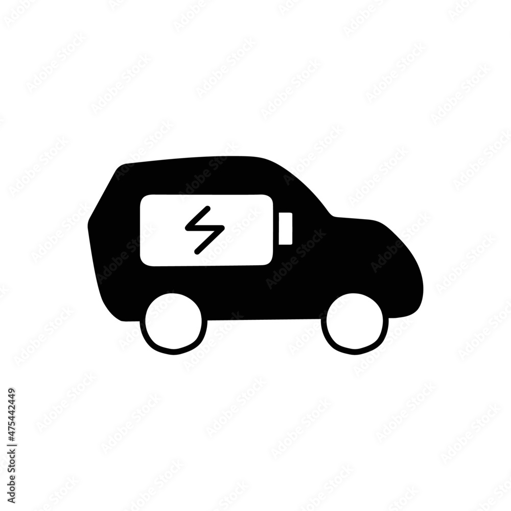 Electric Car Icon in black flat glyph, filled style isolated on white background
