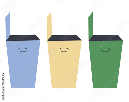 Three garbage cans in blue, yellow and green. The concept of separate collection of waste, care for nature, recycling. Vector illustration.