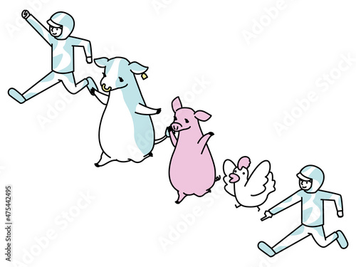 牛と豚と鶏と人間が一緒に飛び跳ねる楽しい酪農のアイソメイラスト