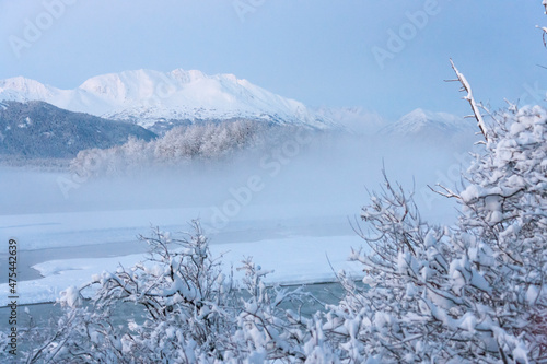 Landscape of river, forest and mountain covered with snow, Haines, Alaska, USA