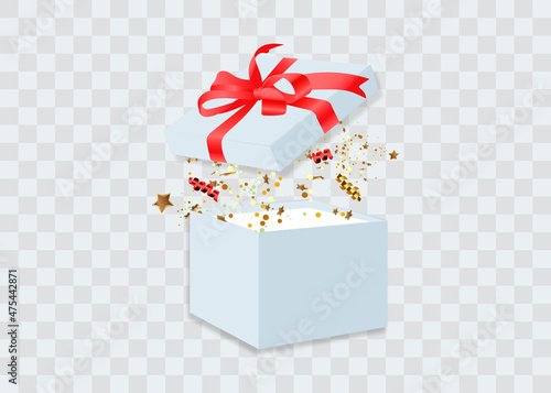 Open gift box with confetti burst explosion isolated. 3d vector background.