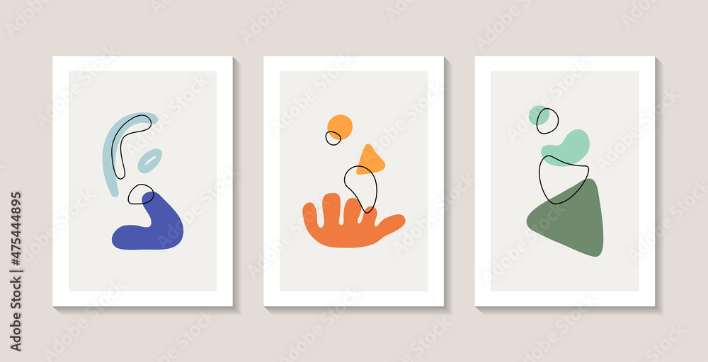Set of three abstract posters with natural shapes and abstract corals. Matisse style. 