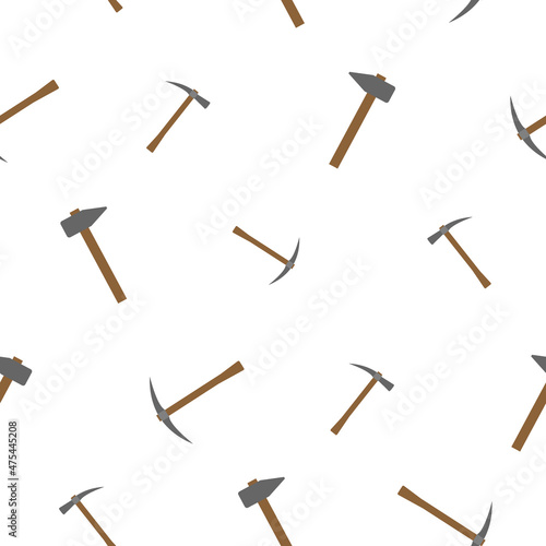 Pattern of pickaxe with a wooden handle and hammer with wooden handle in a realistic design. On a white background. Tools for carpenters and carpenters. Flat vector illustration.