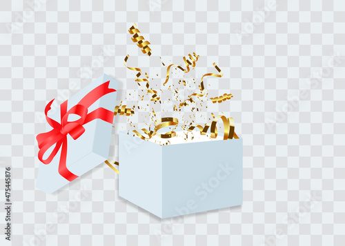 Open gift box with confetti burst explosion isolated. 3d vector background.