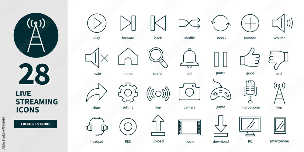 ライブストリーミングの線画アイコンベクターイラストセット 線の太さや色など編集可能です Stock Vector Adobe Stock