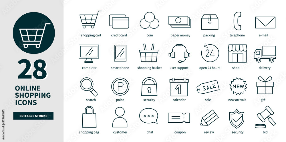 オンライン通販の線画アイコンベクターイラストセット 線の太さや色など編集可能です Stock Vector Adobe Stock