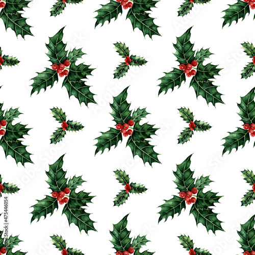 Watercolor painting pattern of green holly branch with berries. Seamless repeating floral twigs print for Christmas and New Years. Isolated on white background. Drawn by hand.