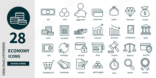 経済の線画アイコンベクターイラストセット　線の太さや色など編集可能です