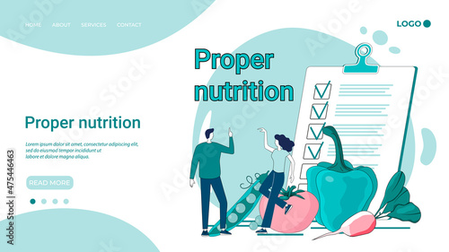 Proper nutrition.Nutritionists calculate the diet and the correct composition of nutrition for the client.Illustration in the style of a landing page in green.