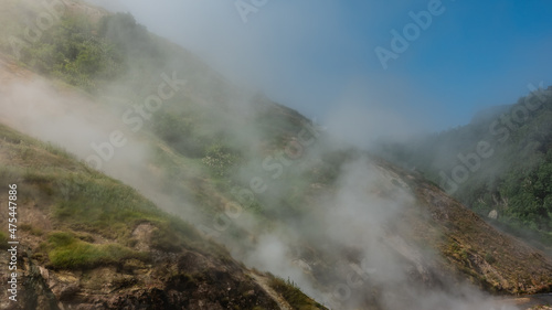 Geothermal zone of the Valley of Geysers. Kamchatka. Green vegetation grows on the slopes of the mountains. Steam from the hot springs rises into the blue sky. Close-up. Poor visibility due to haze.
