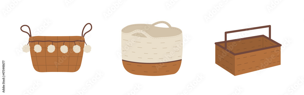 Boho baby cane basket collection. Hand drawn scandinavian home decor isolated on white background. Vector illustration in flat cartoon style. Boho baby cane basket collection. Hand drawn scandinavian home decor isolated on white background. Vector illustration in flat cartoon style.