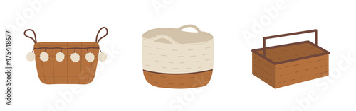 Boho baby cane basket collection. Hand drawn scandinavian home decor isolated on white background. Vector illustration in flat cartoon style.