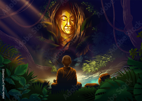 an arahant monk or holy monk is meditating in front of the mystery buddha statue that is covered with dense plants in the mysterious forest.