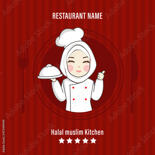 Cartoon cahracter muslim hejab ,Halal muslim Kitchen,logo muslim cook,restaurantmenu