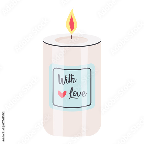 Aromatic candle with a heart and inscription with love. Decorative wax candle for relax and spa.