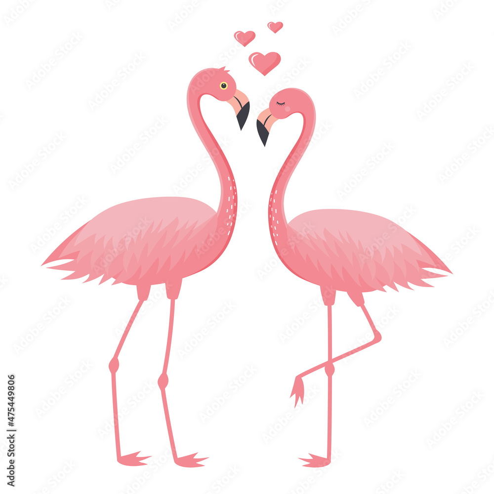 Couple of pink flamingos in love and hearts. Love and Valentine's day concept. Vector illustration.
