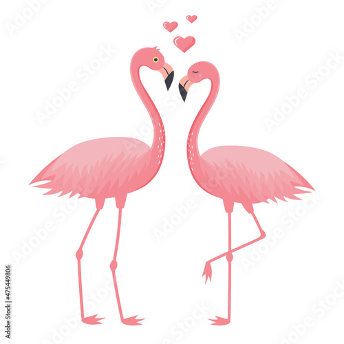 Couple of pink flamingos in love and hearts. Love and Valentine's day concept. Vector illustration. © Julia G art