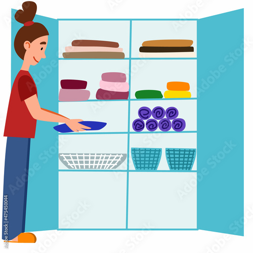 The girl lays out the laundry in the closet. A woman cleans the house. Vector illustration in a flat style.