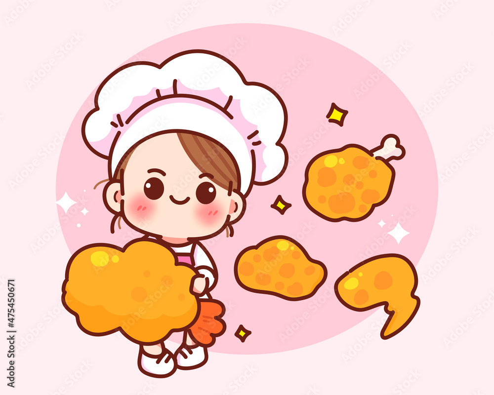 Happy cute chef holding fried shrimp and fried chicken food restaurant logo cartoon hand drawn cartoon art illustration Happy cute chef holding fried shrimp and fried chicken food restaurant logo cartoon hand drawn cartoon art illustration