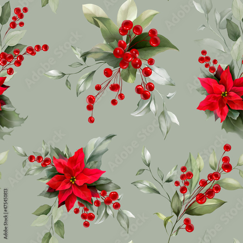 Seamless pattern with Floral, holly, winter berries in Christmas bouquet. Modern universal artistic templates. Corporate Holiday cards and invitations. Floral backgrounds design. Watercolor botanical