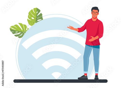 A man stands next to a large wi-fi sign. Vector illustration, public free wireless connection, wireless wifi hotspot, For mobile user interface, digital data streaming over radio channels
