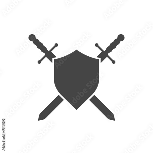 Two medieval knight crossed swords with shield isolated vector emblem. Holy war, crusade sign. Black and white illustration.