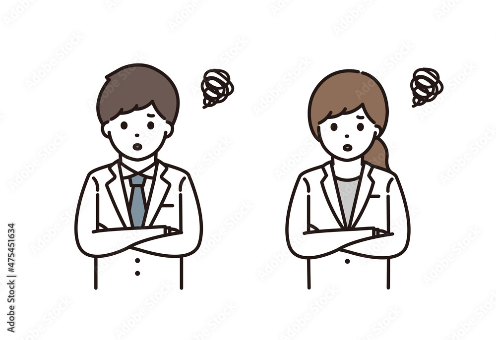 薬剤師 医師 男性 女性 悩む 腕組み