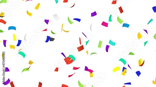 Many colorful confetti floating in air on white background. Party concept. Rectangular paper. 3D loop animation.