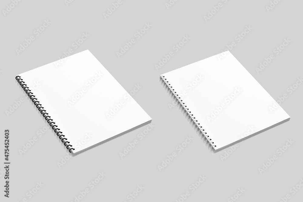 Blank realistic spiral notepad notebook isolated on gray background. open and closed binded notebook. 3d rendering. Blank realistic spiral notepad notebook isolated on gray background. open and closed binded notebook. 3d rendering.