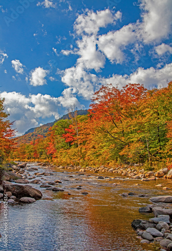 USA, New Hampshire, White Mountains National Forest and Swift River along Highway 112 in Autumn from the Hardwood Maple Trees