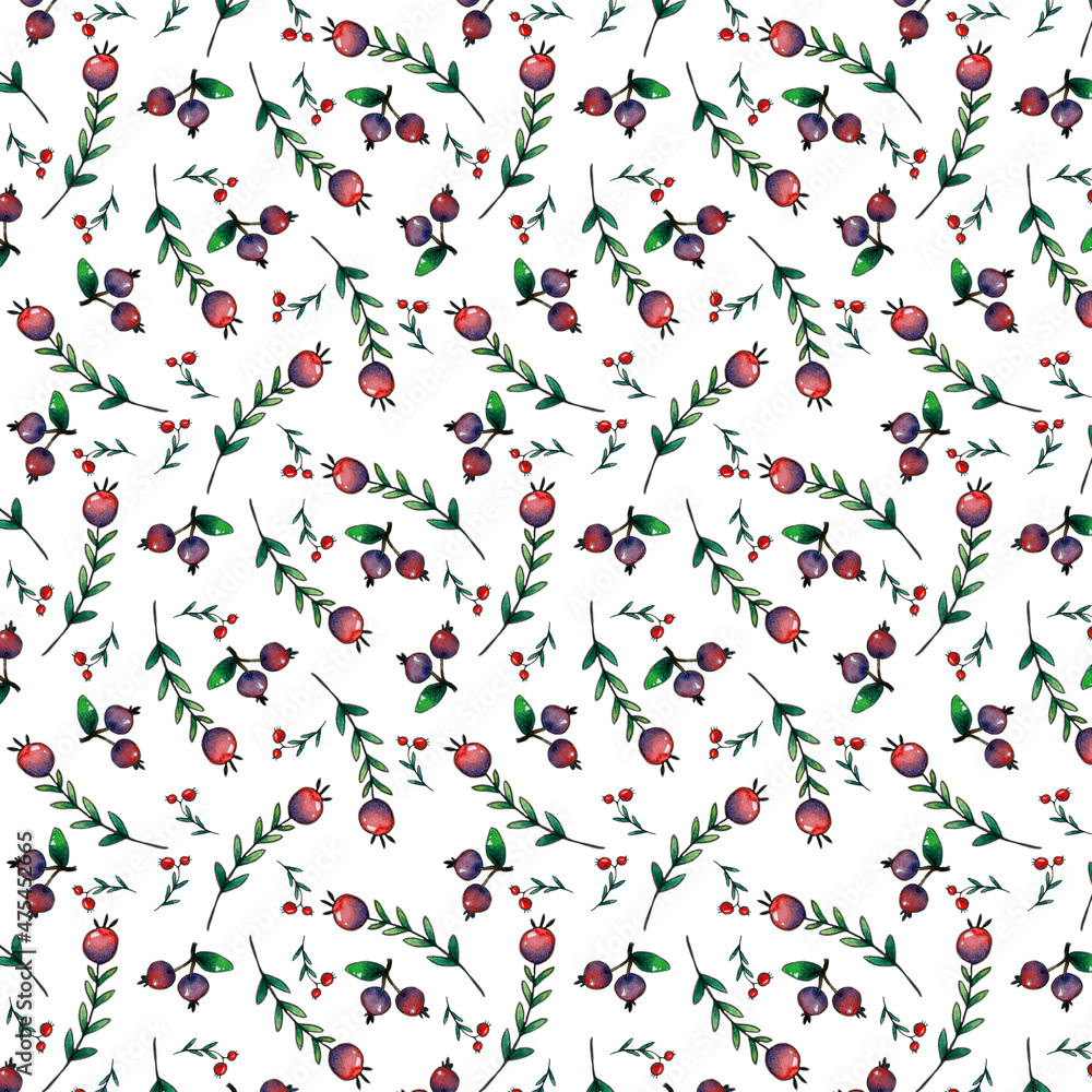 seamless watercolor pattern with colorful berries and leaves.