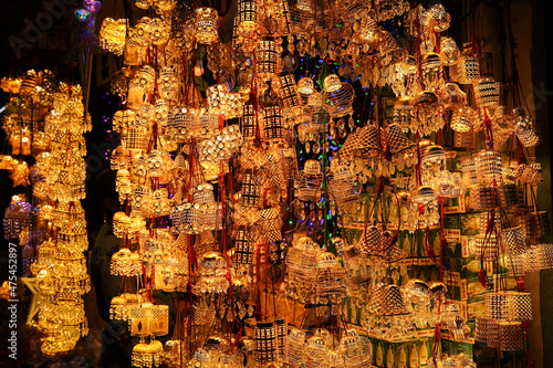 Photography Ornamental lights Christmas light lightning lantern star hanging Christmas market Kerala India lots of bright colorful stars night photo