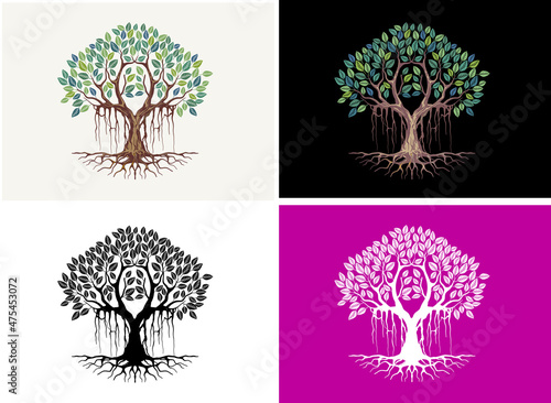 banyan tree illustrations in four color variants