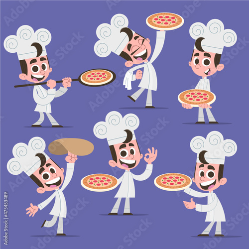 Pizza - Personagem mascote chef pizzaiolo em vetor com pizza na mão - conjunto com seis poses - culinária e nutrição