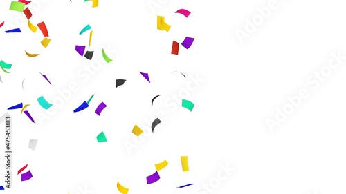 Many colorful confetti floating in air on white background. Party concept. Rectangular paper. 3D loop animation.