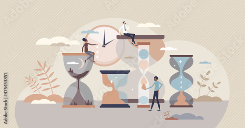 Time management with various tasks deadline pressure tiny person concept. Precise and effective work organization with schedule and process control vector illustration. Clock as productivity symbol.