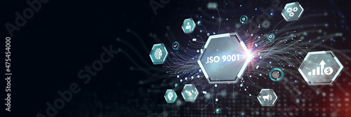 The concept of business, technology, the Internet and the network. virtual screen of the future and sees the inscription: ISO 9001. 3d illustration