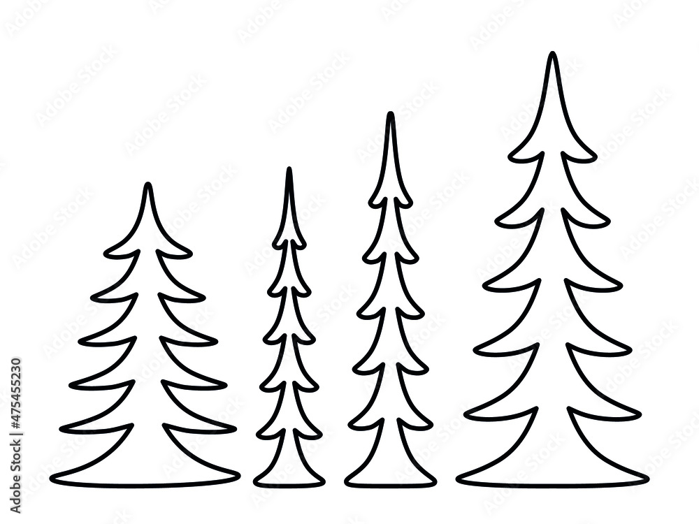 Obraz premium Simple doodle of a Christmas tree. Set of contours of trees isolated on white background. Fir symbol. 