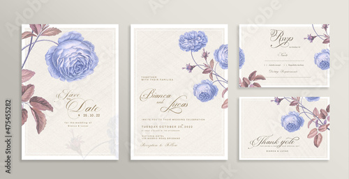 Wedding Invitation Set with Save the Date, RSVP, Thank You Card. Vintage Wedding invitation template with Blue Rose