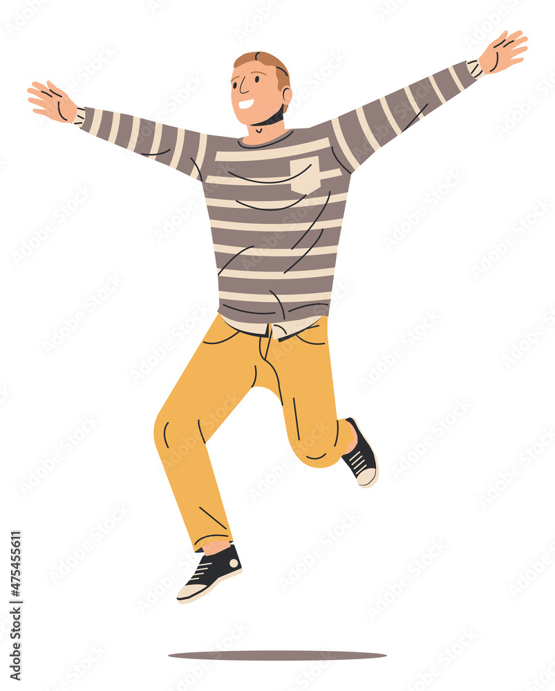 Happy Man in Casual Clothes Jumping Isolated. Young Smiling Jumping Male Character. Boy Jump with Hands Up. Guy Rejoicing or Celebrating, Positive Emotions or Success. Cartoon Flat Vector Illustration