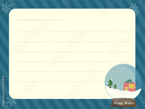 スノードームの挿し絵入り便箋フレーム、青いストライプ背景、4対3比率