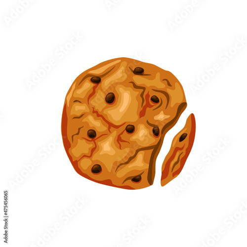 Bitten cookies with chocolate chips. Broken in half. Freshly baked dessert. Vector cartoon illustration on a white isolated background