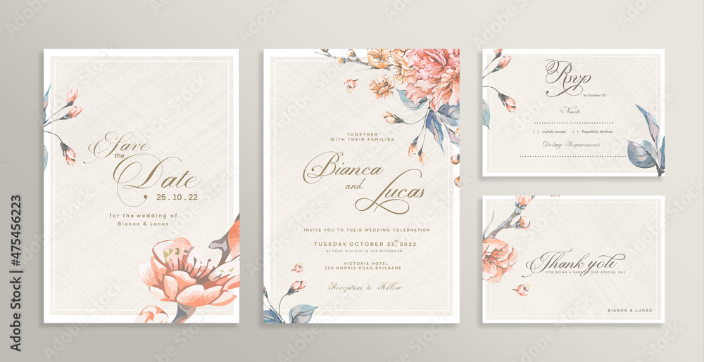 Wedding Invitation Set with Save the Date, RSVP, Thank You Card. Vintage Wedding invitation template with Orange and Blue Flower